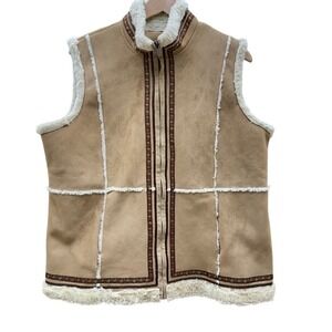 Tan Faux Suede‎ Sherpa Trim Vest Aztec Embroidery Womens M Western Vegan Fall